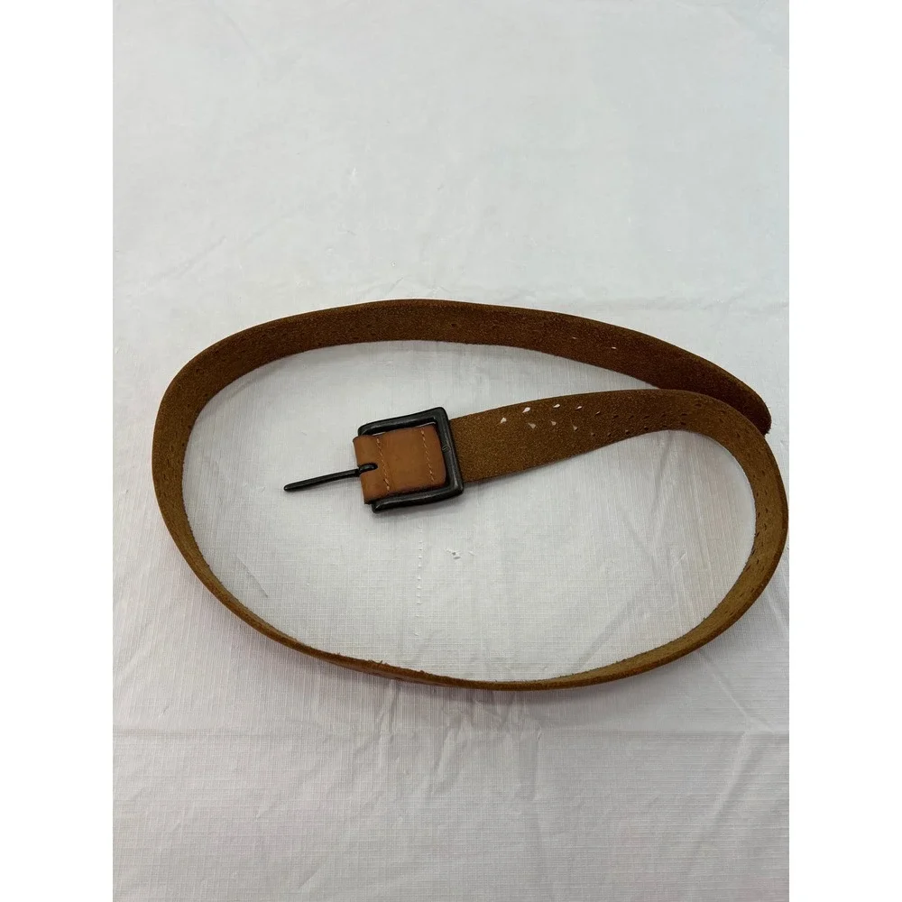Brown Leather Perforated Floral Vine Boho Western Belt Gunmetal Buckle 44 Inch